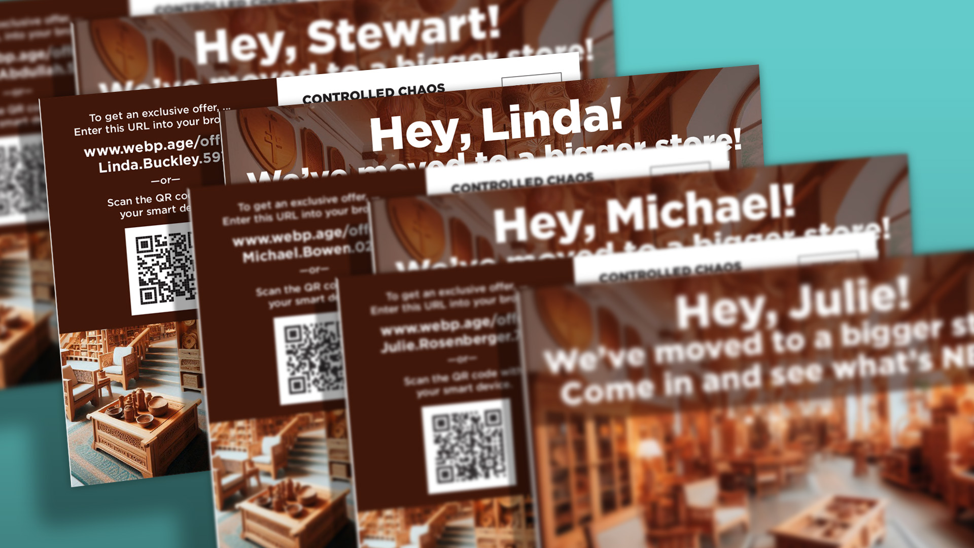 Stack of personalised postcards addressed to individuals, featuring a QR code and text promoting a store relocation, with a blurred background image of a modern retail interior.